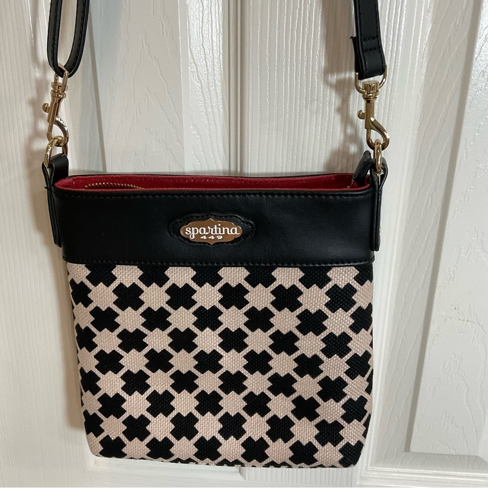 Spartina Shoulder Purse, Linen/Leather, Carry Strap, pockets,zippers